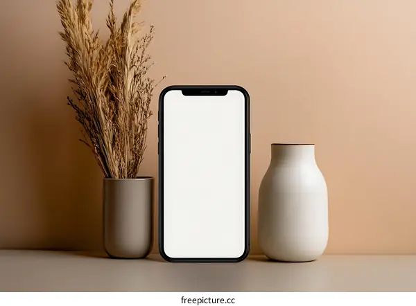 Modern Minimalist Phone Mockup with Vase and Dried Flowers