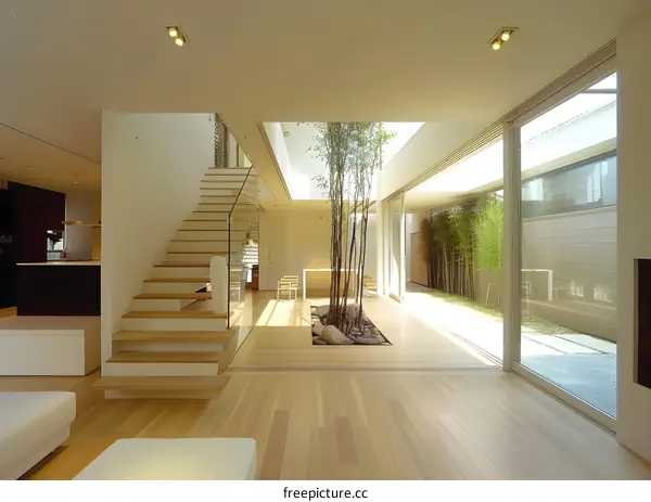 Modern Minimalist Home Interior Design with a Glass Wall Opening to a Backyard Garden