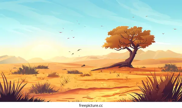 Desert Landscape With A Single Tree And Birds In The Sky