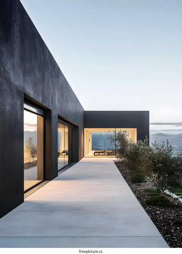 Modern Minimalist House with Large Windows and Concrete Patio