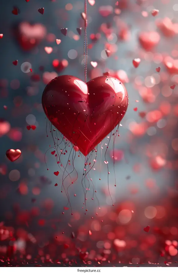 Red Heart Balloon against a Background of Bokeh Heart Shapes