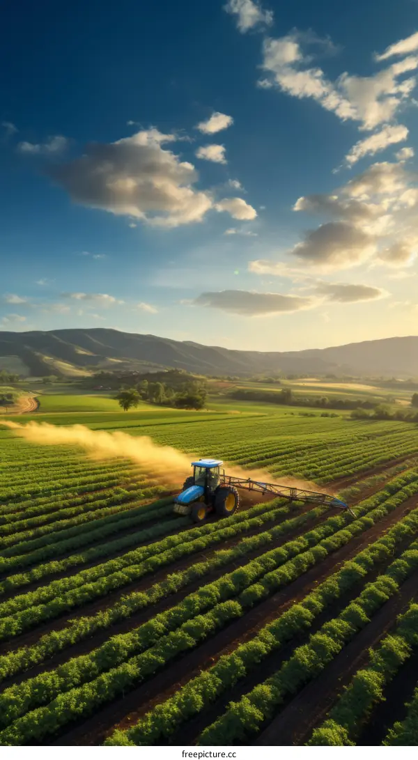 Tractor Spraying Pesticides in a Green Field