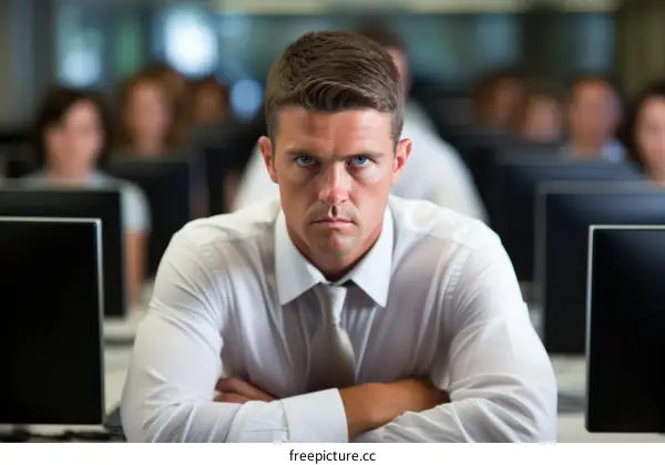 A businessman is sitting in an office with his arms crossed.