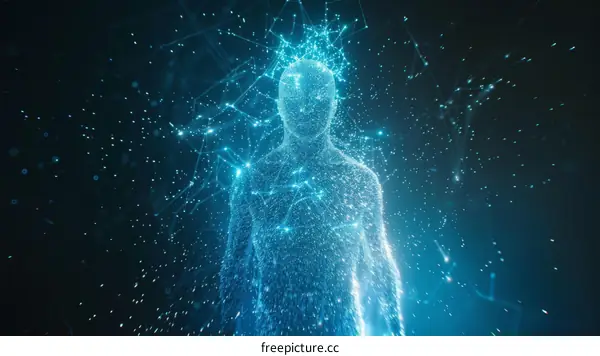 Blue human body made of glowing dots and lines.