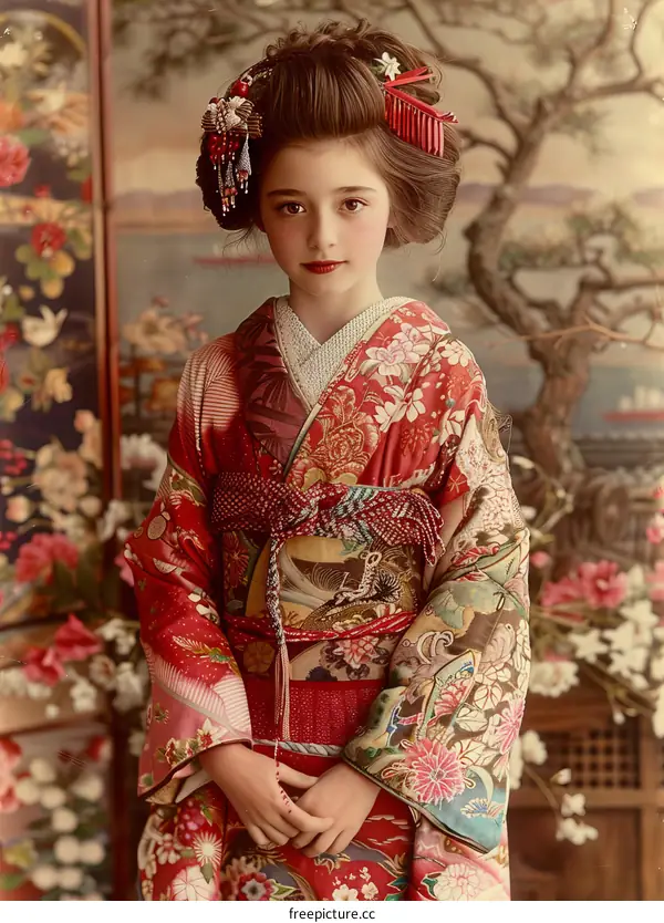 A young Japanese girl wearing a kimono