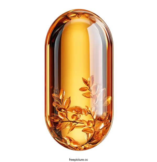 [Transparent Background PNG]Golden Capsule with Botanical Illustration