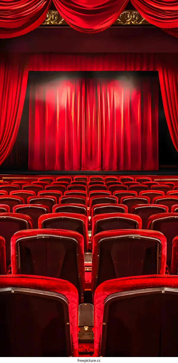 Red Velvet Curtains and Empty Seats in a Theater