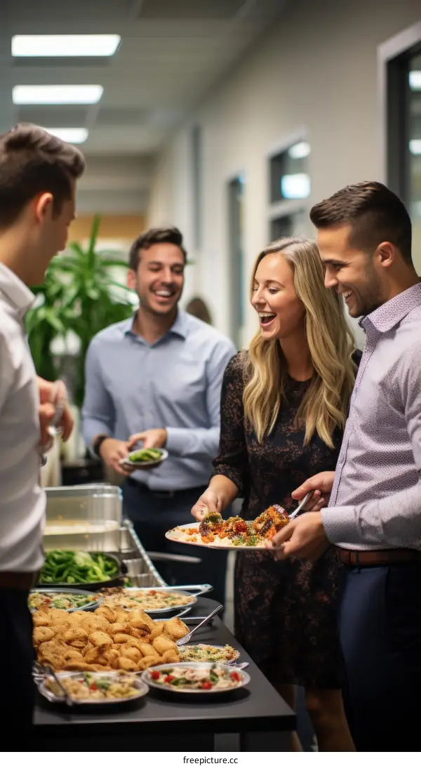 Colleagues enjoying a buffet lunch together in the office
