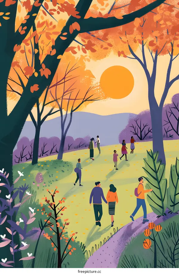 Autumn Sunset in the Park with People Walking