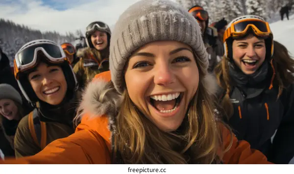 A group of friends on a skiing trip take a selfie together.