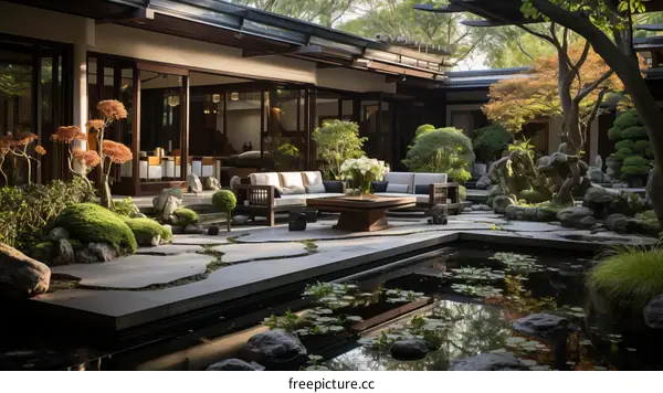 Courtyard with a Zen garden and a pond
