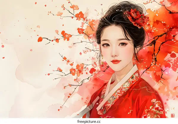 A beautiful Korean woman in traditional dress stands in a field of red flowers.