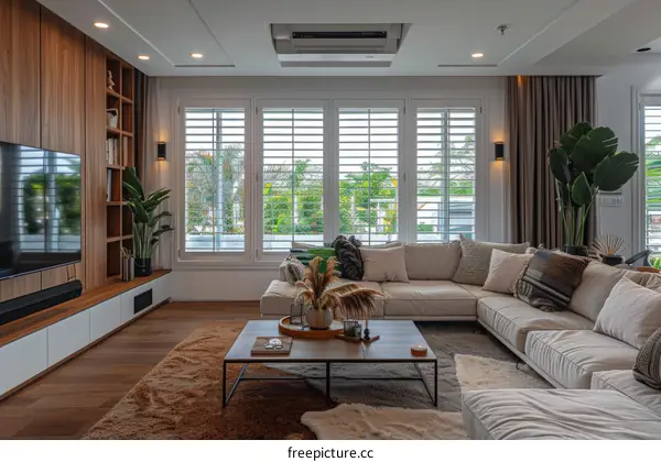 Modern Living Room with White Shutters and a Large Sectional Sofa