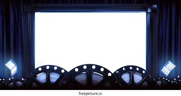 Blank Movie Screen With Film Reels And Blue Curtains