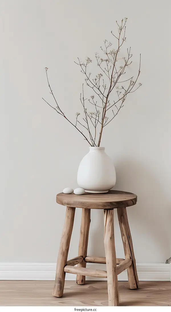 White Vase with Dried Flowers on Wooden Stool