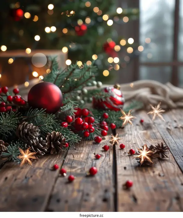 Christmas Still Life with Red Baubles and Berries