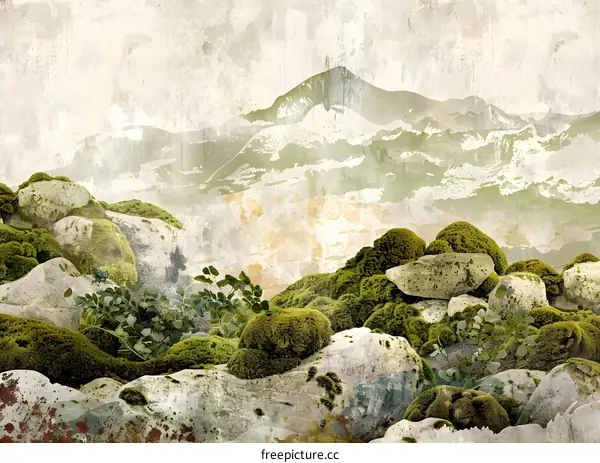 Green Moss Covered Rocks With Mountain Background