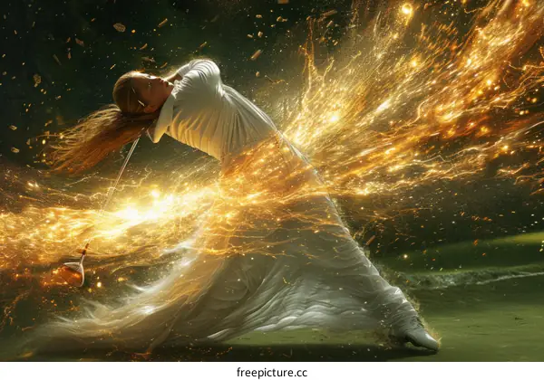 Female professional golfer teeing off with a powerful swing and golden particles