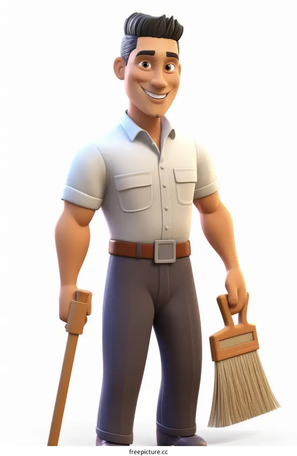 Smiling Cartoon Man Holding Broom and Brush