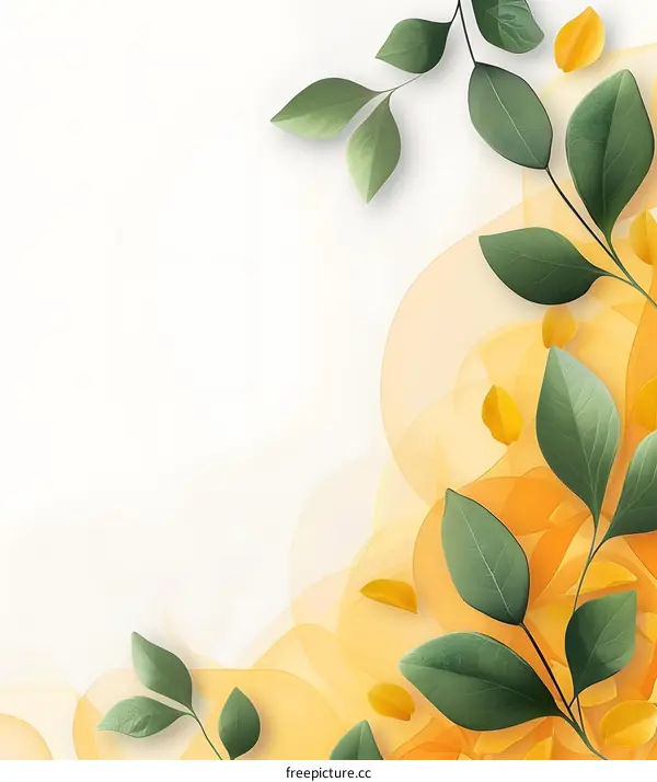 Abstract Green Leaves and Yellow Petals on White Background