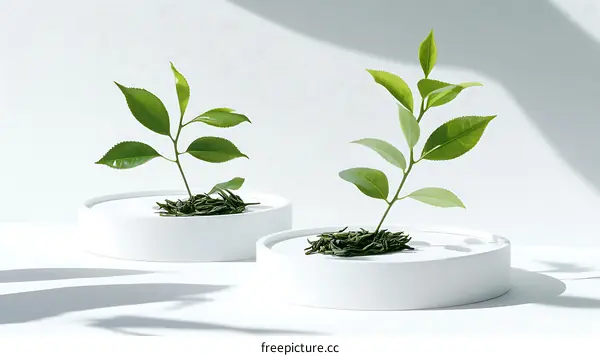 Fresh Green Tea Leaves on White Display