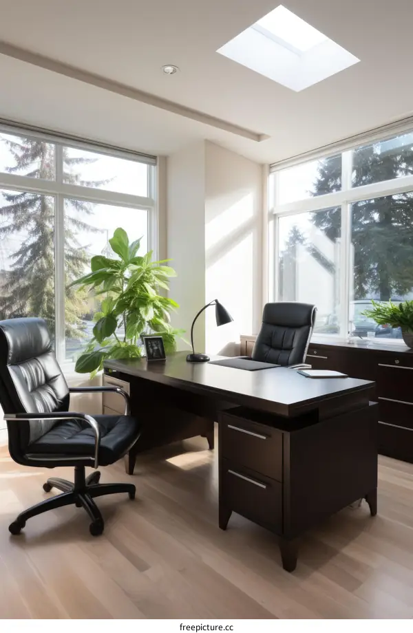 Office with a large desk and two chairs