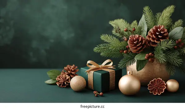 Elegant Christmas Decoration Arrangement on Dark Green Background