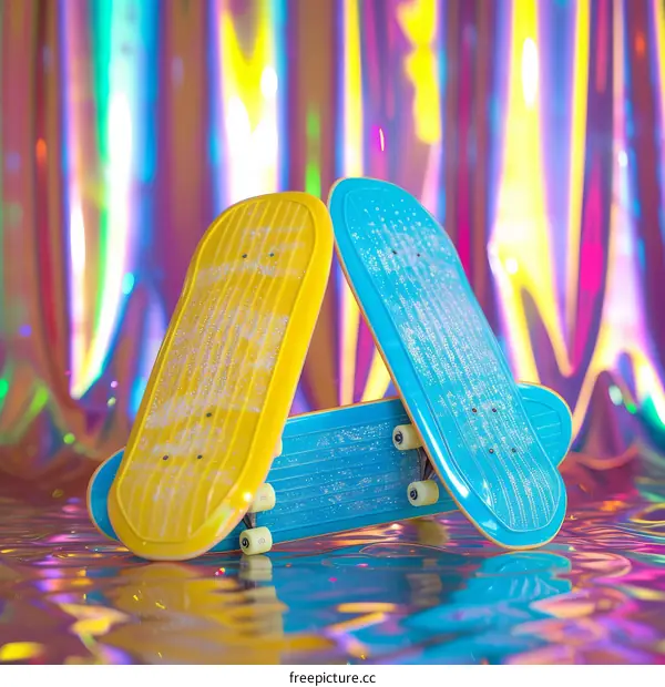 Blue and yellow skateboards against a rainbow background