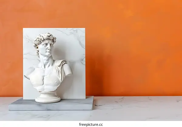 White Marble Bust Sculpture on Orange Wall and White Marble Table