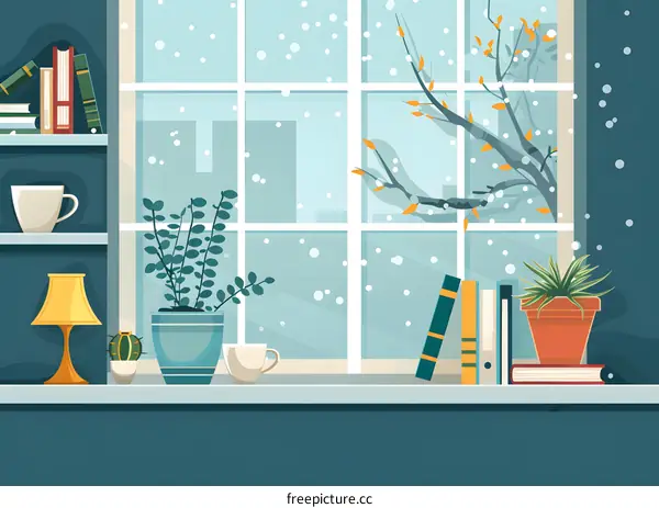 Winter Windowsill with Plants, Books and a Lamp