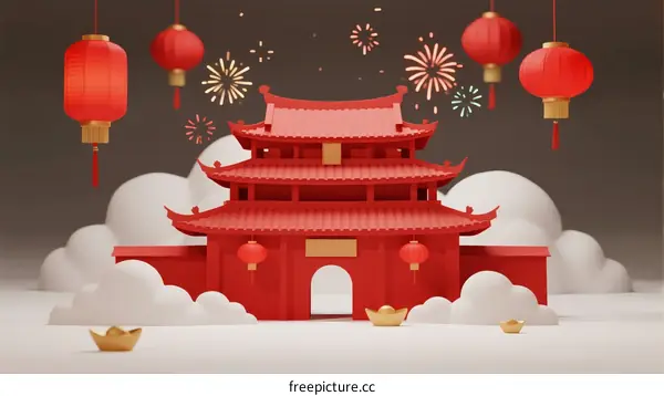 Traditional Chinese Pavilion with Red Lanterns and Fireworks Decorations