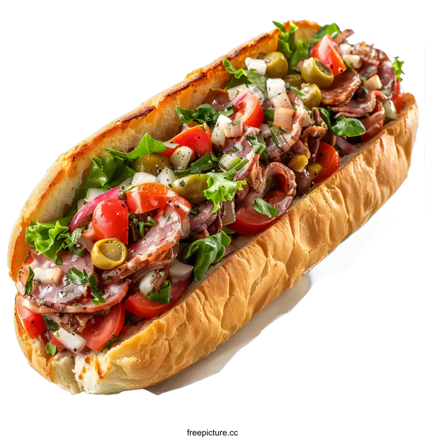[Transparent Background PNG]Delicious baguette sandwich with meat and vegetables