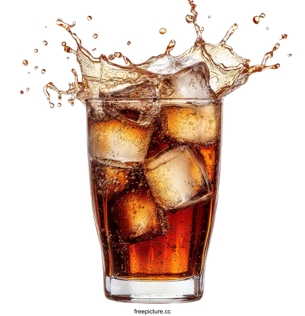 [Transparent Background PNG]Soda Splashing Into Glass with Ice Cubes
