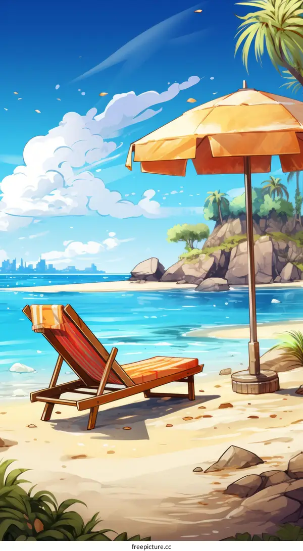 Beach Scene with Lounge Chair and Umbrella