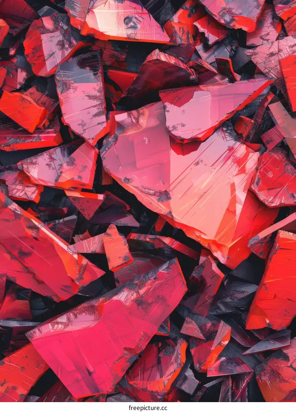Red and black sharp stone fragments scattered on the ground