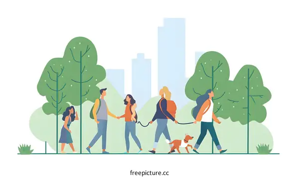 Friends Walking in Park with Dog