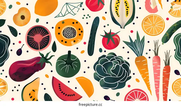 Colorful Seamless Pattern with Fruits and Vegetables