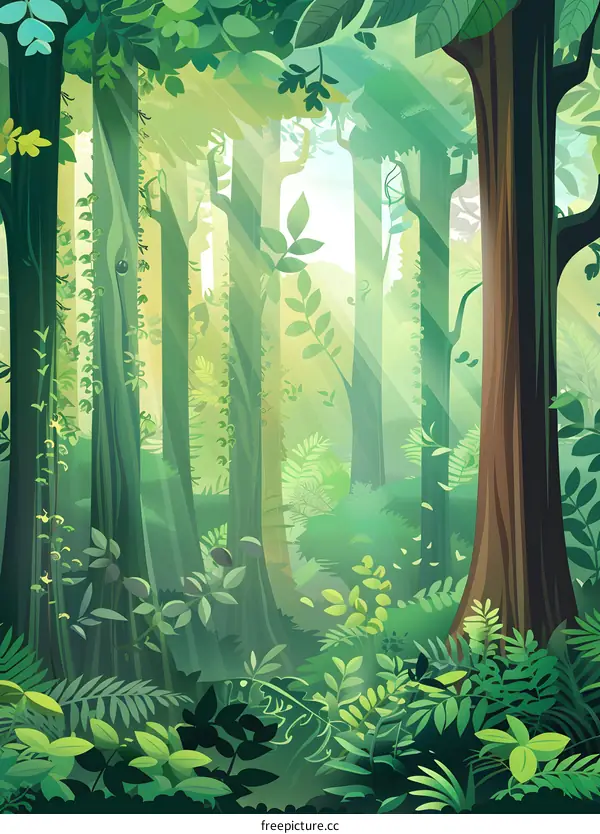 Sunlight Shining Through Forest Trees Illustration