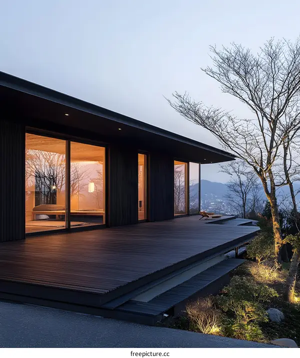 Modern Minimalist Black Wooden House With Patio Deck And Mountain View