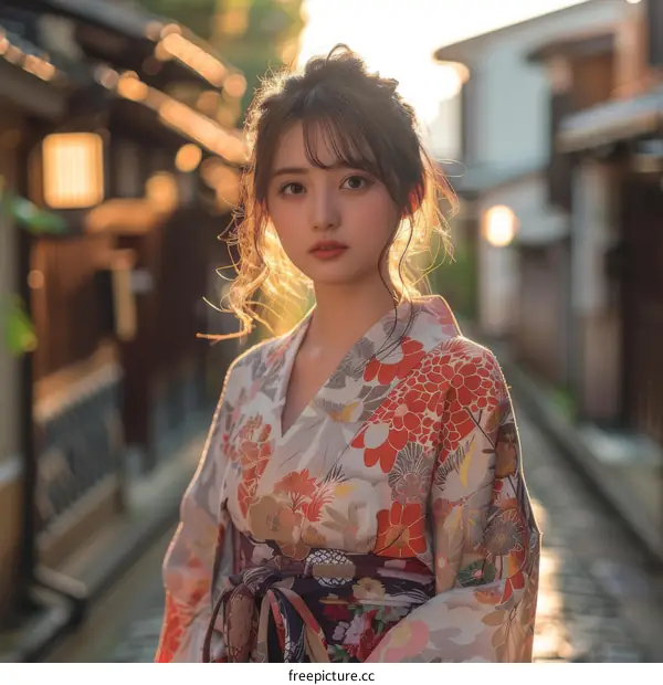 Japanese Girl in Traditional Kimono at Sunset