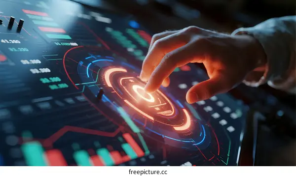 Human Hand Interacting with Futuristic Digital Control Panel Interface