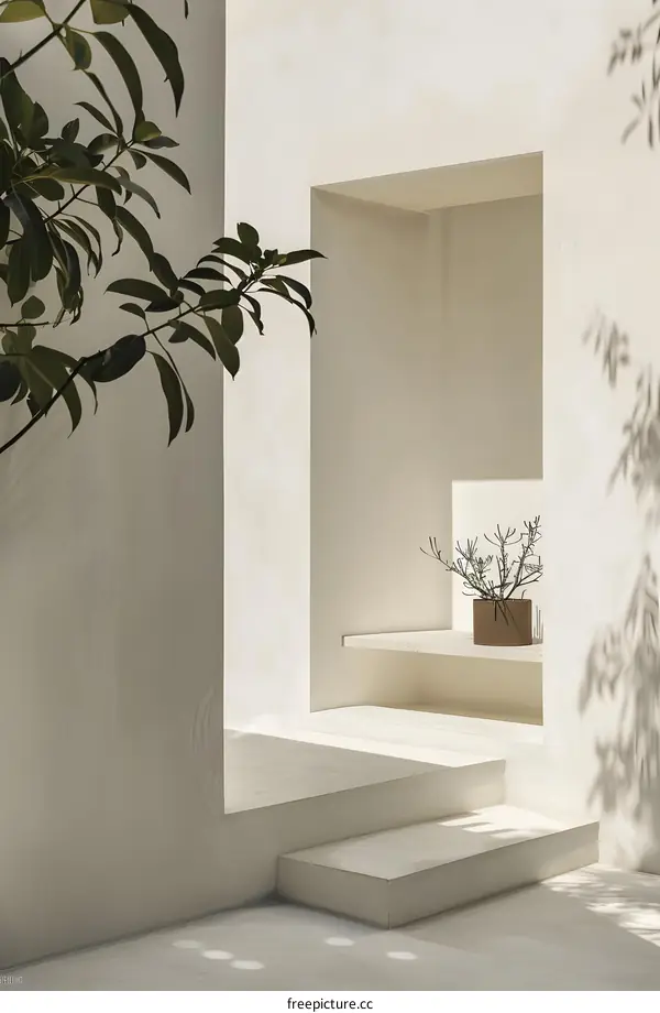 Minimalist White Architecture with Plant in a Niche