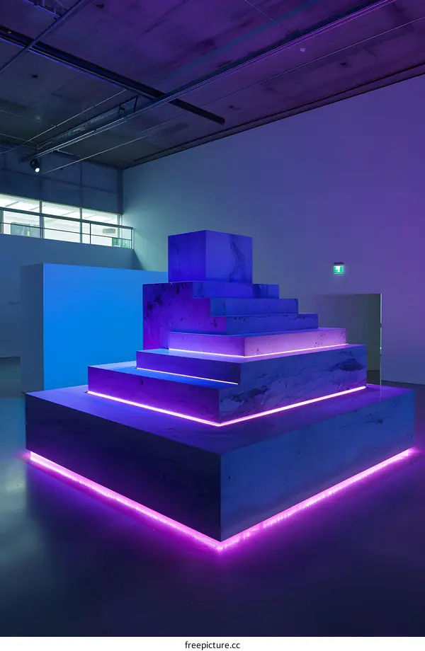 Modern Minimalist Stone Sculpture Illuminated with Purple Lights in a Gallery