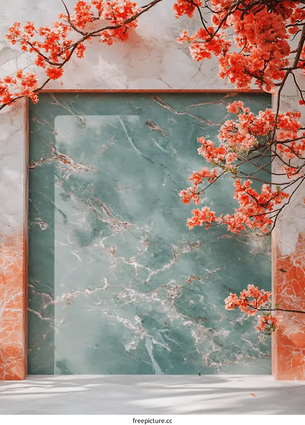 Green Marble Wall With Peach Blossoms