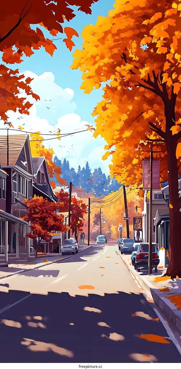 Autumn Street Scene with Colorful Trees and Houses