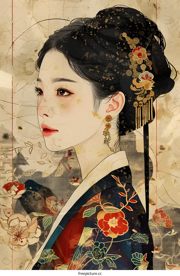 A digital painting of a young woman in traditional Korean dress