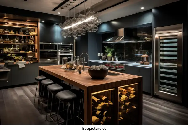 Walnut Island Modern Kitchen With Dark Wood Cabinets And Stainless Steel Appliances