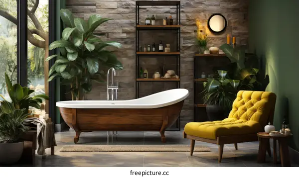 Luxury Bathroom with Wooden Bathtub, Yellow Armchair, and Greenery