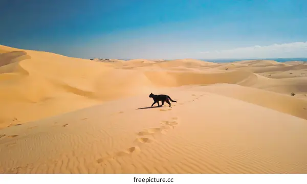 Black Cat Walking Through the Golden Desert Dunes