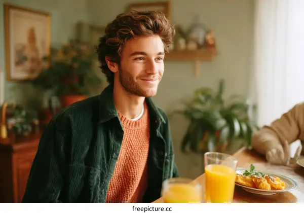 A young man smiling while sitting at a breakfast table with orange juice